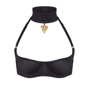 SKIMS bra in black stretch satin with gold heart charm choker. Size 42D. New!